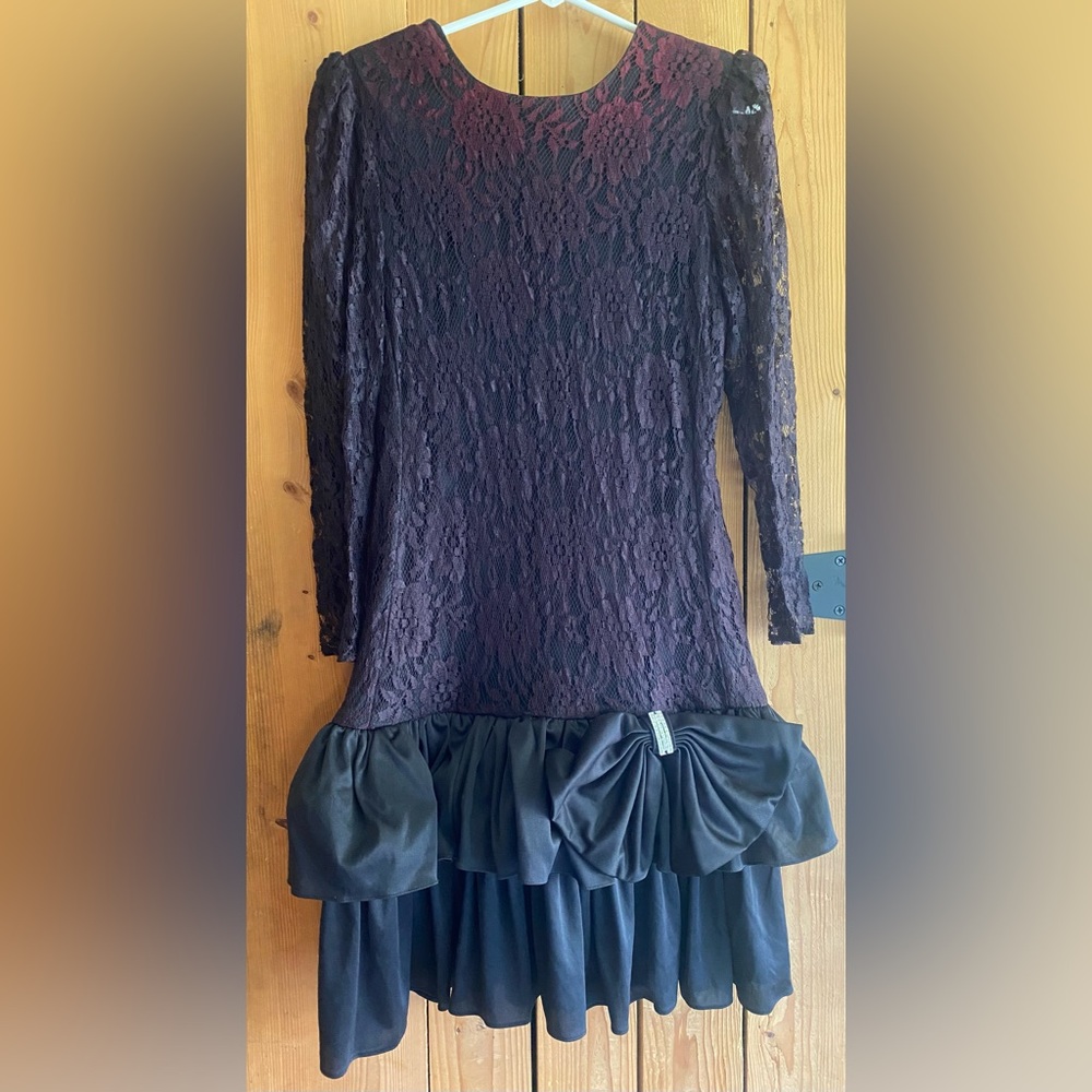 Vintage 80’s Black Lace and Satin Dress with Rhinestone Accent